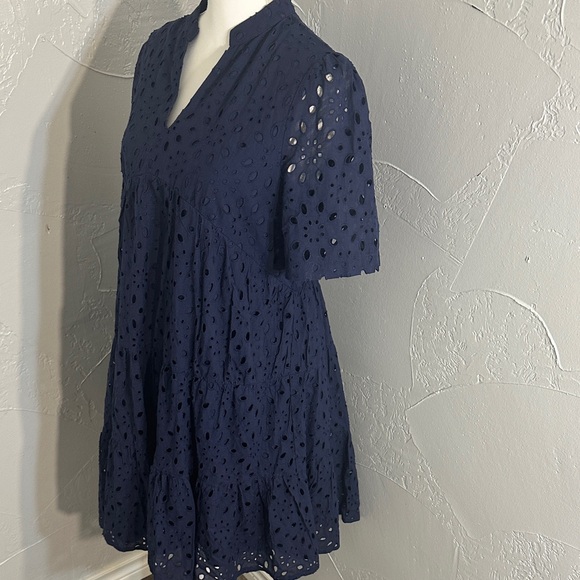 Elegant Navy Eyelet Mini Dress - Picture 4 of 12